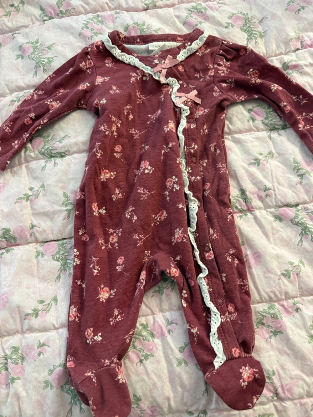 Laura Ashley Burgundy Floral Footed One-Piece with Lace Trim